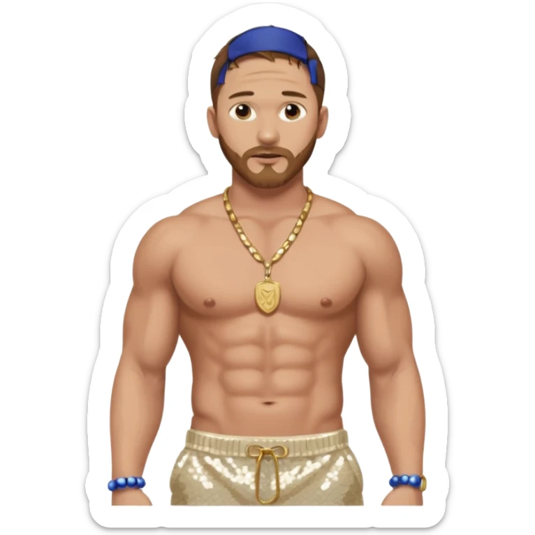 Tom Hardy with brown hair, cream sequin baggy pants, shirtless with necklace sticker