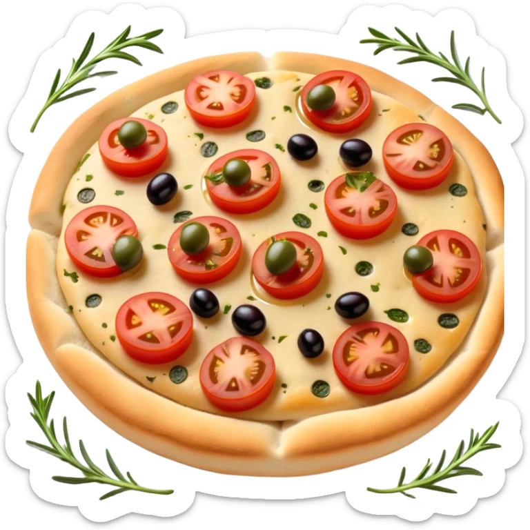cinematic-realistic-isometric focaccia-bread-dish-emoji,-depicted-as-a-golden,-olive-oil-brushed-flatbread-sprinkled-with-herbs-rendered-with-lifelike-texture-and-soft,-appetizing-lighting showing olives on top and the cherry tomatoes sliced sticker
