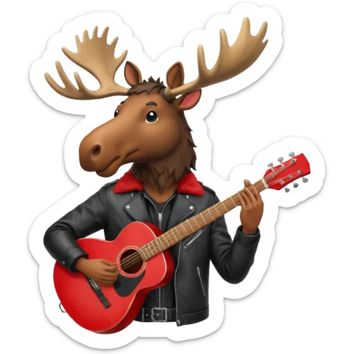 A man with a moose head in alaska pointing a red guitar directly up in the air. Make the graphics gritty and realistic like the moose man is a villian in a high budget batman movie. It needs to be 100 times more dark themed and realistic. Like your batman characters  sticker