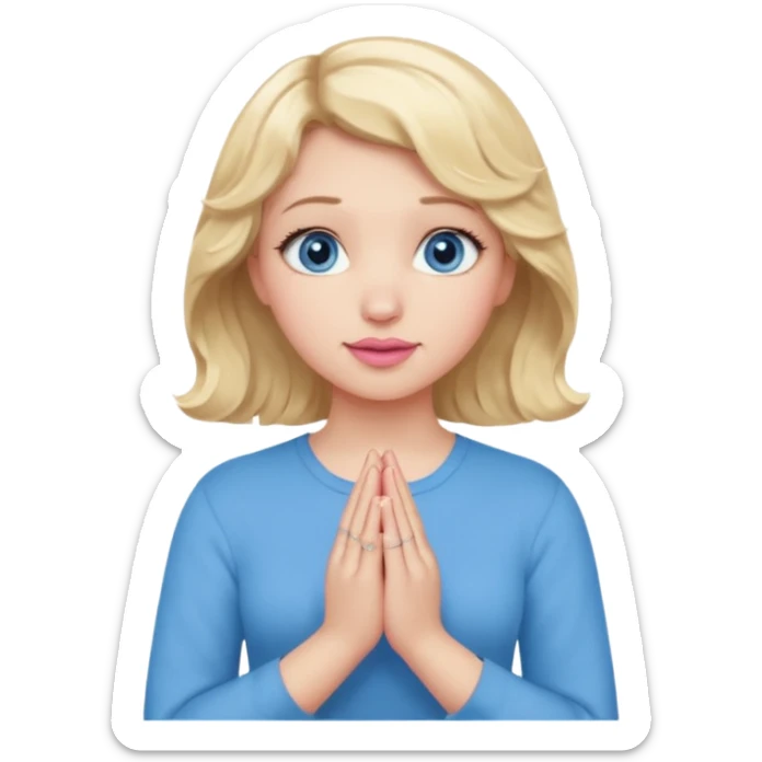 Girl Blonde short wavy hair,  blue eyes, cute blue top, long lashes, pink lips, praying hands sticker