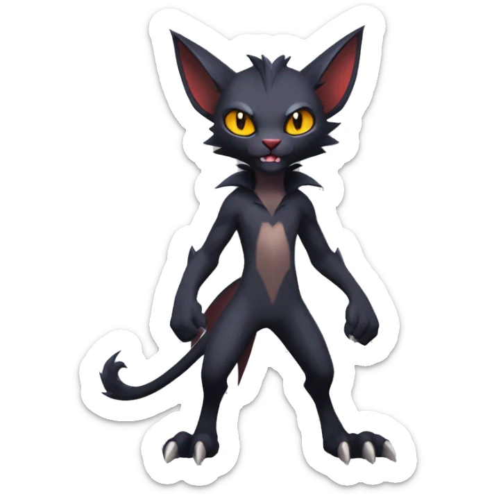 Black cool vampiric Noivern-Litten-Lykoi-Caracal-Fakemon with big bat ears full-body sticker