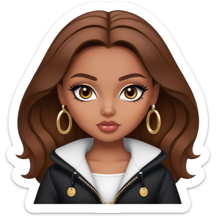 pretty bratz girl, brown hair, dark brown eyes, black eyeliner, brown skin, coquette clothes sticker