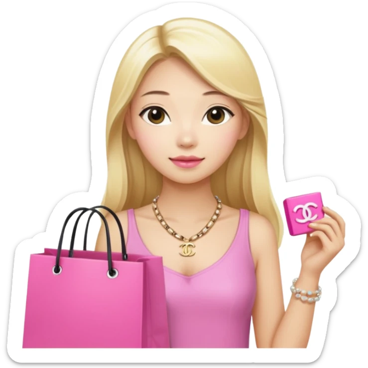 Blonde Chanel Asian Girl with long blond hair holding pink shopping bag and Chanel necklace sticker