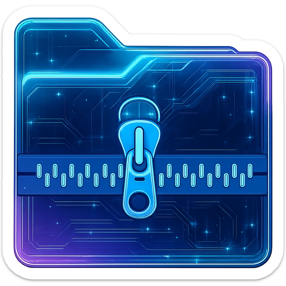 Add a clearly visible zipper to the front of this cyberpunk folder icon to imply a zip file. Keep the glowing neon blue and pink edges, circuit patterns, and transparent background exactly as they are. Do not change the design, style, or perspective of the folder itself. Maintain the cyberpunk aesthetic with neon glow and circuit details. sticker