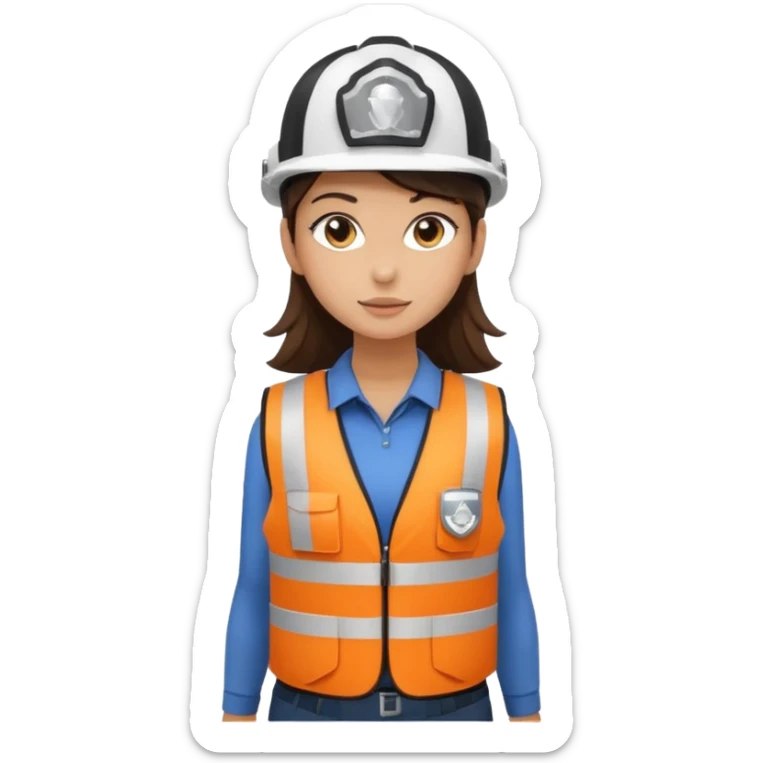 Brunette brown Girl full body standing with her white security helmet and security vest that fits her big on, also with her black backpack. Full body sticker