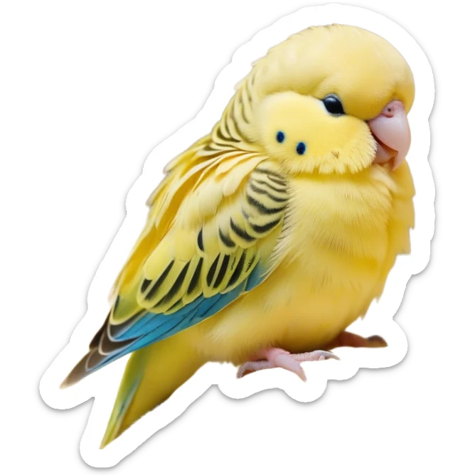 Meme-Worthy Cute Sleeping Yellow Budgie Portrait Emoji, Head resting peacefully with a contented smile, showcasing a petite, delicate build and a luxuriously soft yellow feathered fur, eyes shut in a serene nap, Simplified yet hilariously adorable features, highly detailed, glowing with a soft, drowsy light, high shine, relaxed and utterly lovable, stylized with an air of playful laziness, bright and heartwarming, soft glowing outline, capturing the essence of a comically sleepy budgie, so meme-worthy it feels like it could instantly become the next viral sensation of adorable slumber! sticker