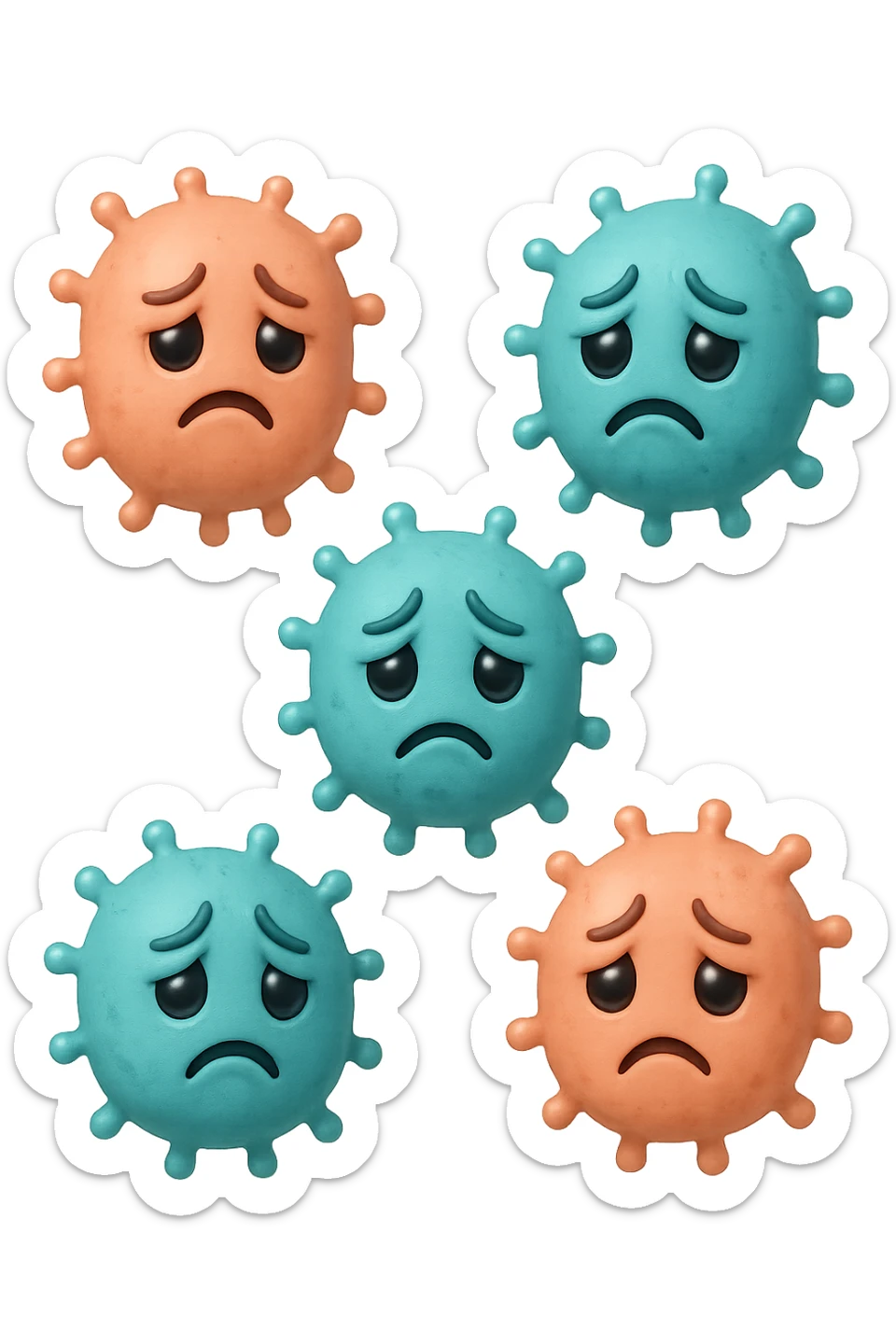 EMOJI STILE IPHONE DI 3 BATTERI INTESTINALI turchesi tristi e 3 batteri intestinali rosa salmone tristi CHE FLUTTUANO IN ARIA IPERREALISTICO 4K sticker