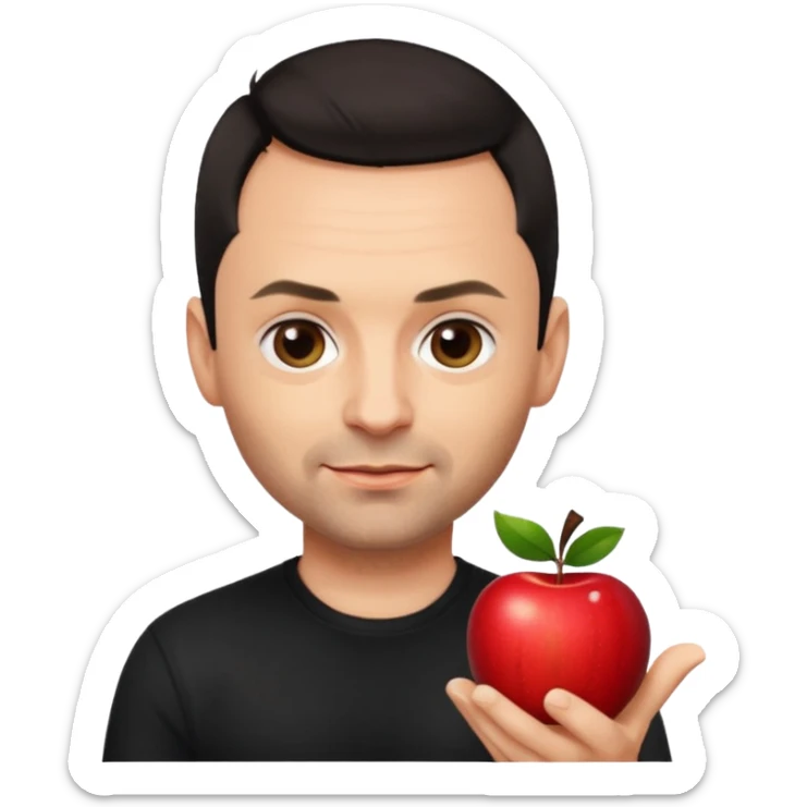 Paul Landers, guitarist of Rammstein, apple style emoji, short dark hair, playful smirk, black shirt sticker