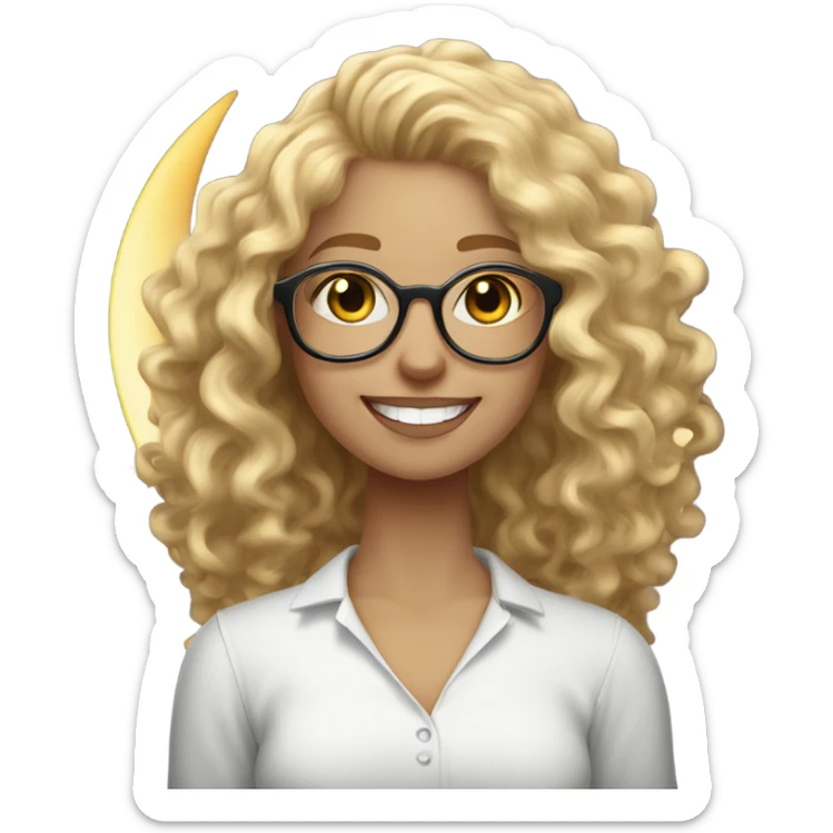 A woman with curly blonde hair and glasses, wearing a white shirt, smiling brightly, sitting on a round moon sticker