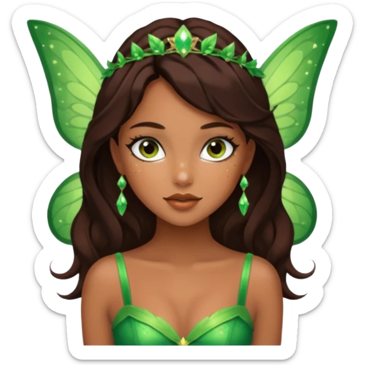 Pretty girl with caramel skin. Dark brown hair and brown eyes. She has freckles. Wearing sexy makeup. Wearing a green fairy costume and heels sticker