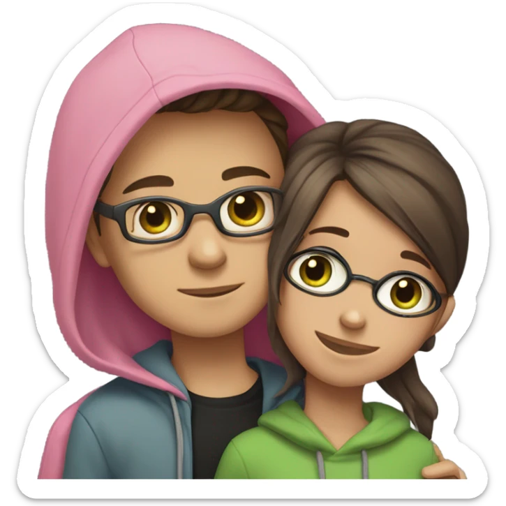 boy with glasses, brown hair and black hoodie hugging a girl with brown hair with pink hair under the main hair in grey hoodie, the boy have green eyes and the girl has blue eyes  sticker