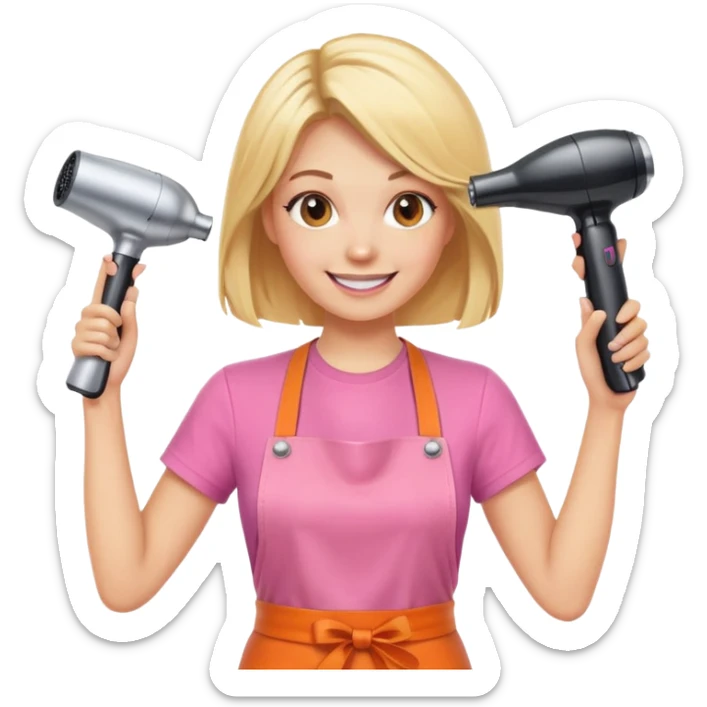 blonde female hairstylist smiling, pink t-shirt, orange apron, hands up, holding scissors and hairdryer sticker