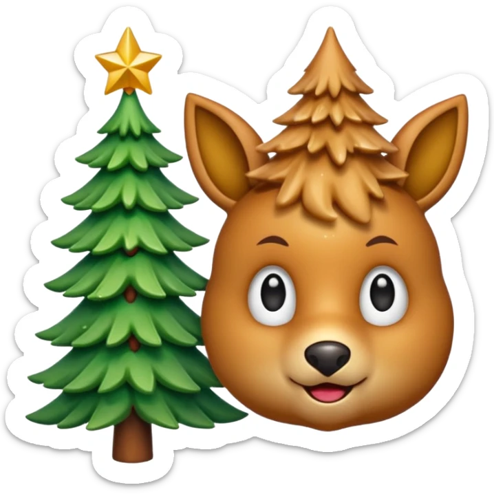 Un emoji représentant un petit sapin stylisé, sans bouche, avec deux grands yeux de biche brillants couleur cannelle. Style minimaliste, mignon et expressif, comme un sticker ou un emoji moderne. Fond parfaitement transparent, haute qualité, bien centré. sticker