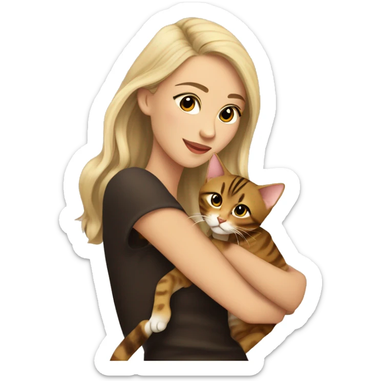 Beautiful skinny woman long dark brown hair in dark dress with gold earrings with man blond hair hug bengal cat sticker