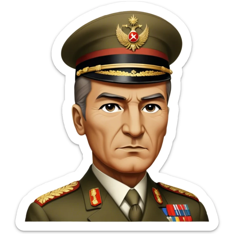 Cinematic Realistic Mustafa Kemal Atatürk Portrait Emoji, depicted as a visionary statesman with a determined gaze and period military attire, rendered with rich textures and dynamic historical lighting that captures his transformative leadership. sticker