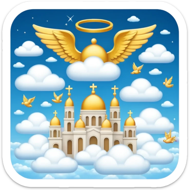 heaven with golden cities, flying angels, and clouds in the sky, emoji style sticker