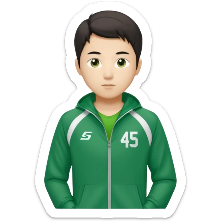 Draw Seong Gi-hun (Player 456) in green tracksuit with the white number 456 clearly printed on the chest & jacket. sticker