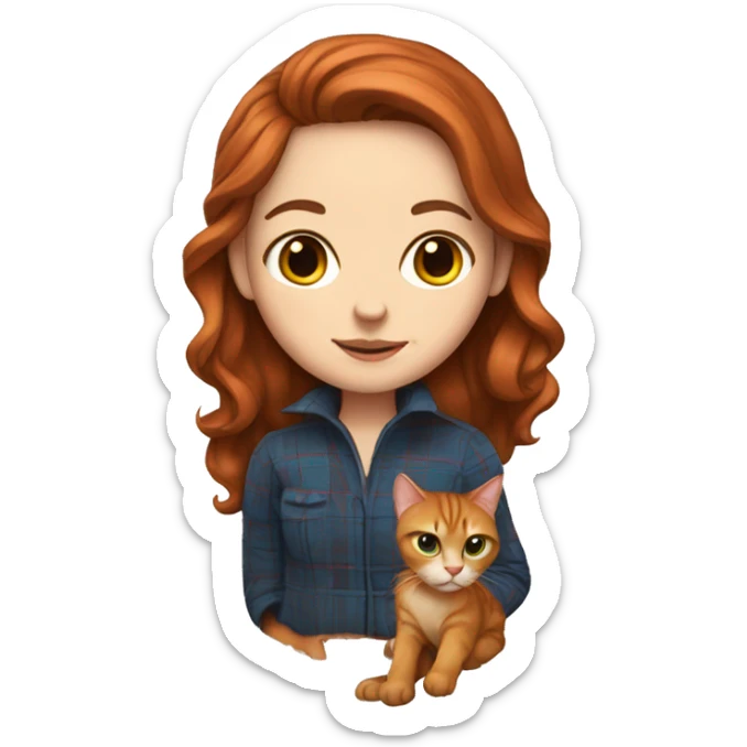 A white girl with brown hair wrapped in a plaid with a red cat sticker