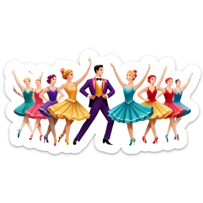 Icon for Musical Movie: A vintage movie poster-style design with a lively, colorful scene—dancers in glamorous costumes, bright lights, and musical notes floating in the air. Include elements like a grand stage, a spotlight, and instruments. Retro cinematic feel. Transparent background. sticker