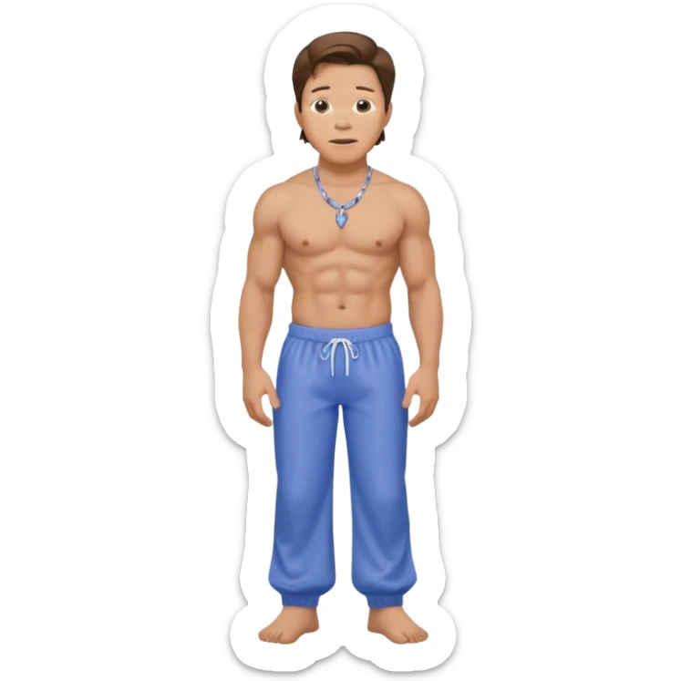 Mark Wahlberg with brown hair, latex periwinkle baggy pants, shirtless with necklace sticker