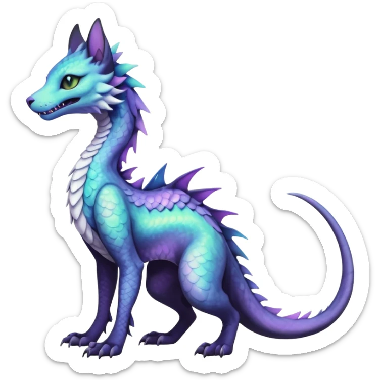 Kawaii black pastel iridescent beautiful pretty elegant divine edgy fantasy feline-vernid-sergal-Haku-dragon-fursona animal creature, full body with intricate markings  sticker