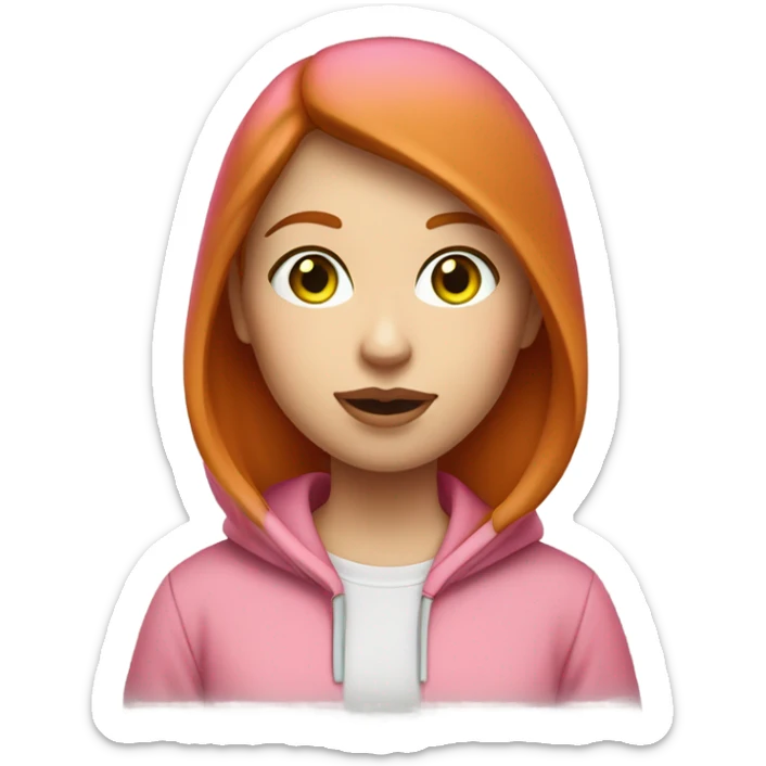 Red hair girl with short hair and white skin, green-gray eyes, pretty face, big lips in pink hoodie with macbook and white skin sticker