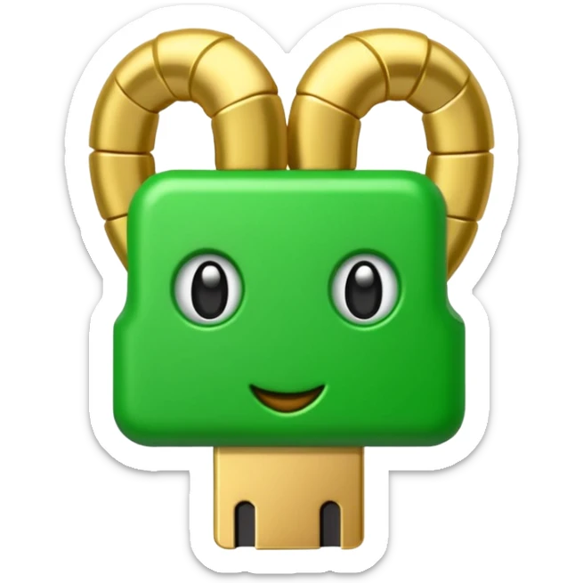 Apple-style 3D emoji of a single green RAM stick, gold connector pins at the bottom, small black memory chips on top, simple and clear design. sticker