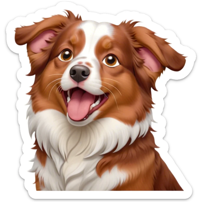 Cinematic Cute Yawning Red Merle Australian Shepherd Portrait Emoji, Head tilted slightly with a dramatic, wide-open yawn, soft red merle fur with subtle white accents, floppy ears slightly drooping, round amber eyes barely open in drowsy contentment, Simplified yet irresistibly adorable features, highly detailed, glowing with a soft, cozy glow, high shine, relaxed yet expressive, stylized with a touch of whimsy, bright and endearing, soft glowing outline, capturing the essence of a sleepy yet affectionate pup, so drowsy it feels like it could stretch right out of the screen and curl up for a nap! sticker