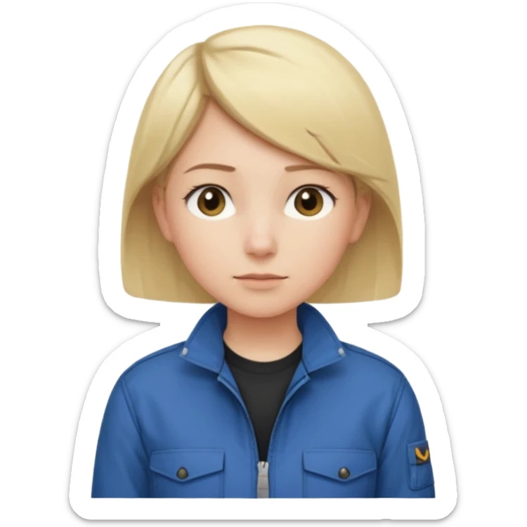 Calm and independent female engineer, fair skin, short straight blonde hair tucked behind the ears, neutral but focused expression, wearing a fitted blue utility jacket over a black crew-neck top, waist-up, front-facing sticker