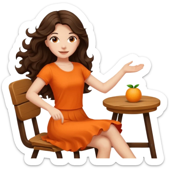Long dark wavy hair women in orange top  twirling around a chair  sticker