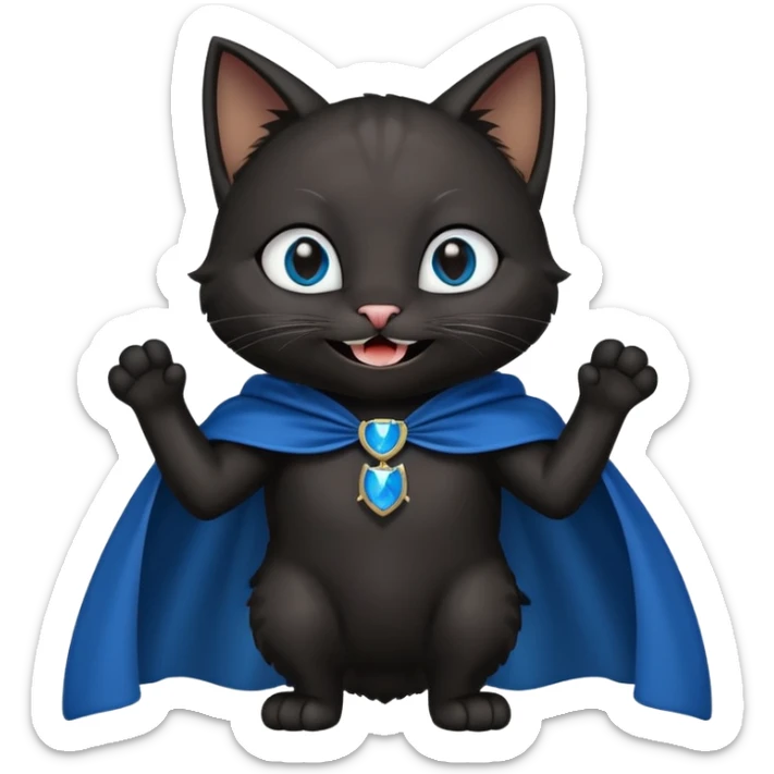 an all black anthropomorphic cat with blue eyes wears an all black cape and is smiling a mischievous sharp tooth grin sticker