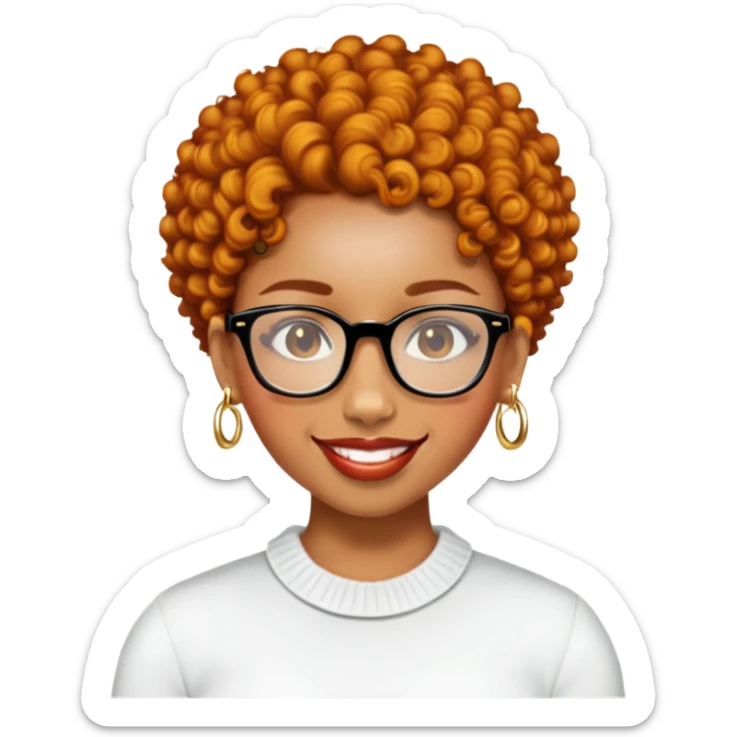 Add a gold nose piercing, gold septum piercing, and gold earrings to the light skin black woman with short ginger curly hair and glasses, smiling, in emoji style. sticker