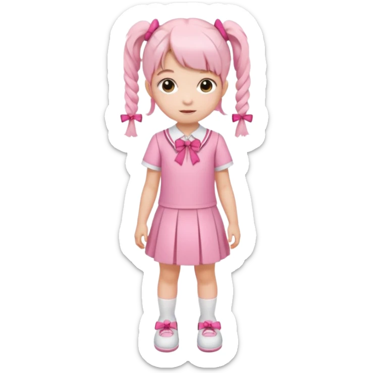 small girl wearing pink student uniform, white dress, white shoes and a bow on her pigtail hair sticker