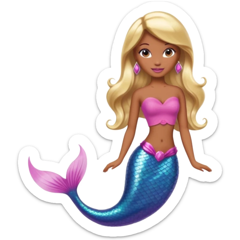 Brown skin blonde hair barbie mermaid with pink tail sticker
