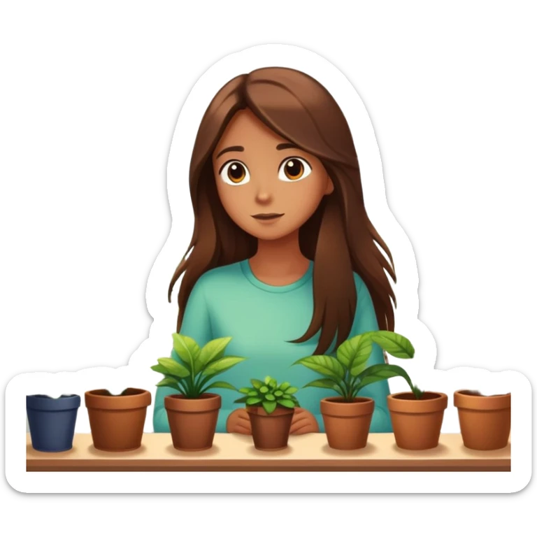 Girl with long brown hair looking out a window with sunbeams and houseplants around her in the background cartoon style  sticker