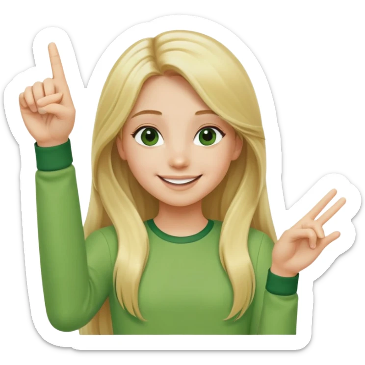 A girl with long blond hair smiles and points up with her palm as if holding something and in green clothes sticker