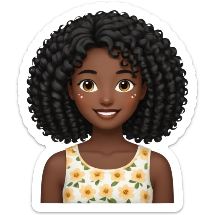 a young woman.She has voluminous, curly black hair that frames her face beautifully. Her skin tone is black light and glowing, and she has a subtle, natural makeup look. She’s smiling softly at the camera. She is wearing a white floral top sticker