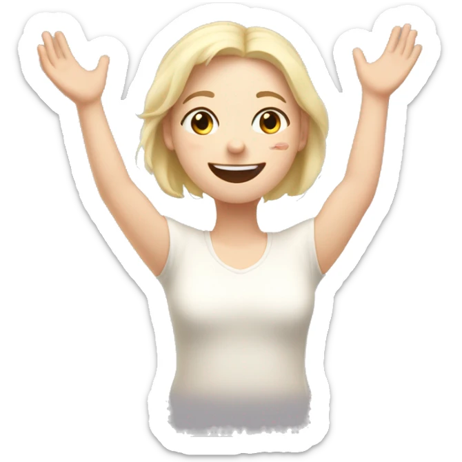 Happy pale girl wakes up in bed and stretches hands up in the air  sticker