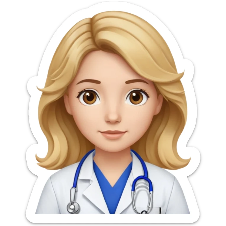 a white girl with brown eyes and wavy brown hair with blonde highlights wearing royal blue scrubs with a white lab coat over it with a light blue stethoscope sticker