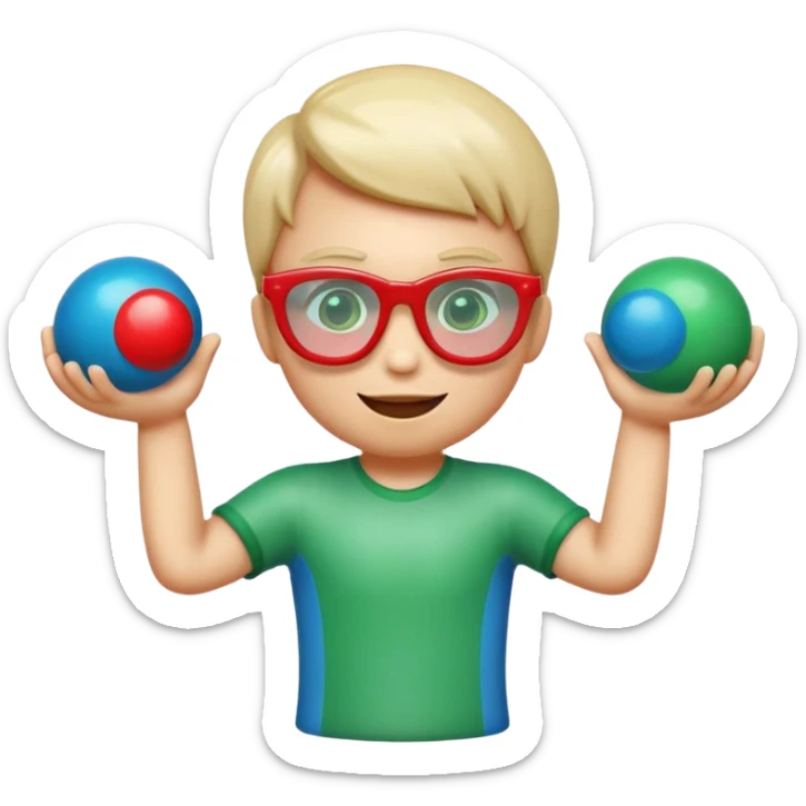 Cute 3D cartoon emoji sticker of a three-glass and ball game, glossy plastic texture, green red and blue glasses, soft lighting, smooth shadows, playful look, white sticker outline, transparent background, high resolution.” sticker