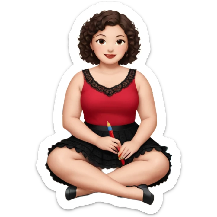A plus-size brunette woman with short, dark brown curly hair is wearing a red sleeveless shirt and a black lace ruffled skirt. She is sitting on the floor with her legs crossed, holding a crayon in one hand. On the floor are five stacked colorful books and a glass vase with red roses. sticker