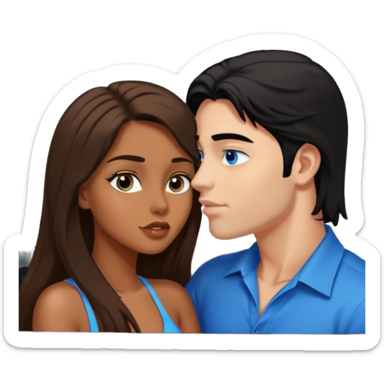 Brown sexy girl with brown eyes long brown hair and sexy white man with black hair blue eyes kissing in car sticker