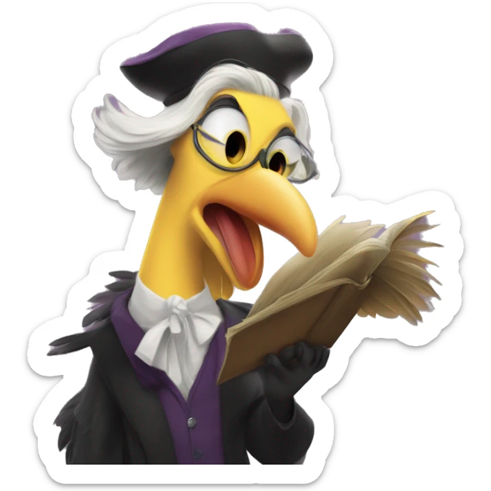 Big Bird Disney Villain:
Professor Plume
A towering, elegant villain with a feathered cloak and a soft, eerie voice, Professor Plume manipulates information and spreads misinformation to confuse and control the masses.  sticker