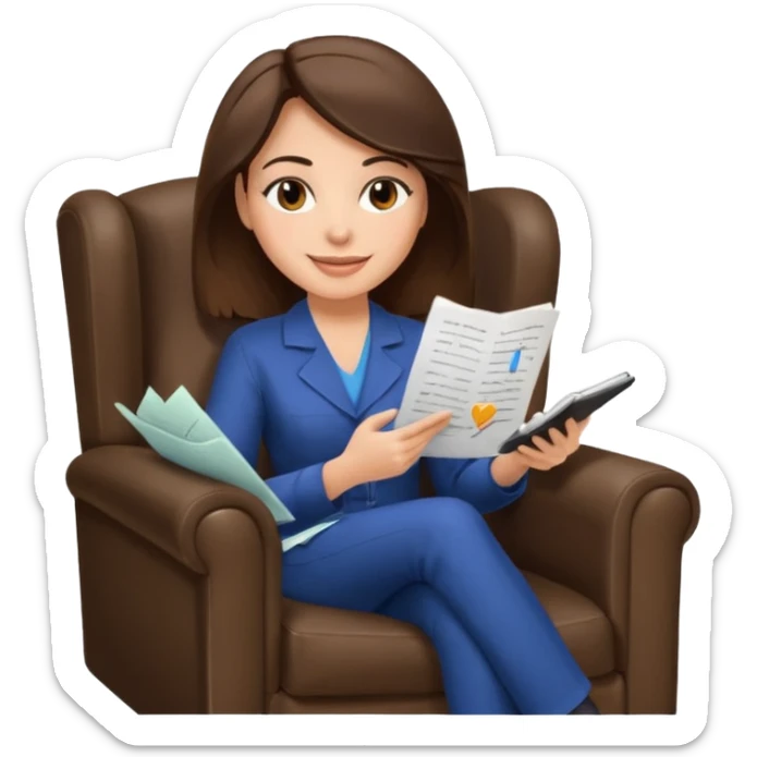 female therapist, brunette, brown eyes, light skin, sitting in an armchair with notes sticker