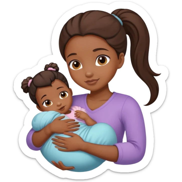black Ponytail girl hugs a newborn baby and a girl sticker
