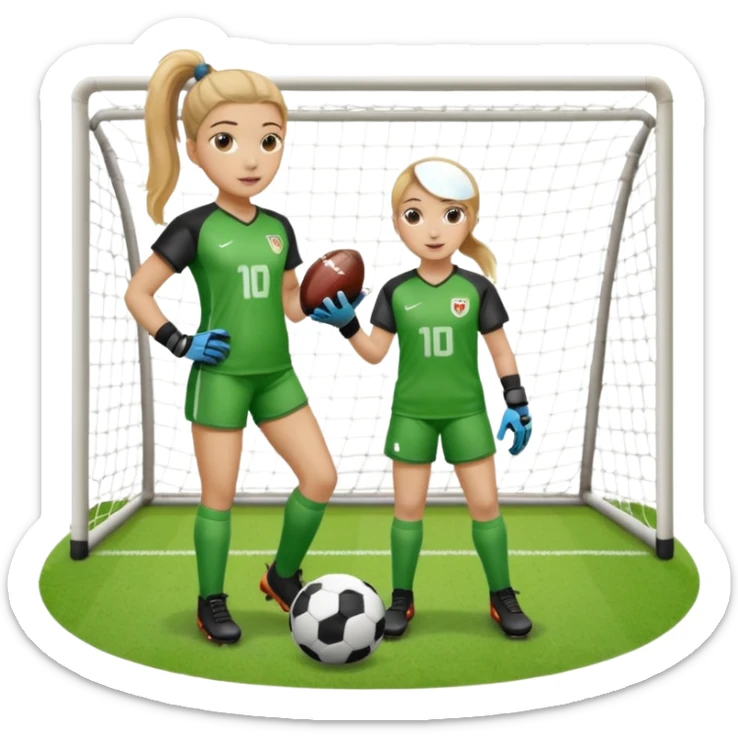 Make a dirty blonde football goalkeeper with goalkeeper gloves on holding a football. The girl is light skinned and wearing a football kit and football shoes. Standing in front of football goal. Wearing a ponytail with the dirty blonde hair. Without a American football ball sticker