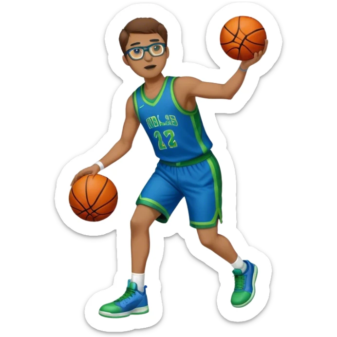 full body brown hair white male basketball player wearing glasses in blue an green uniform sticker