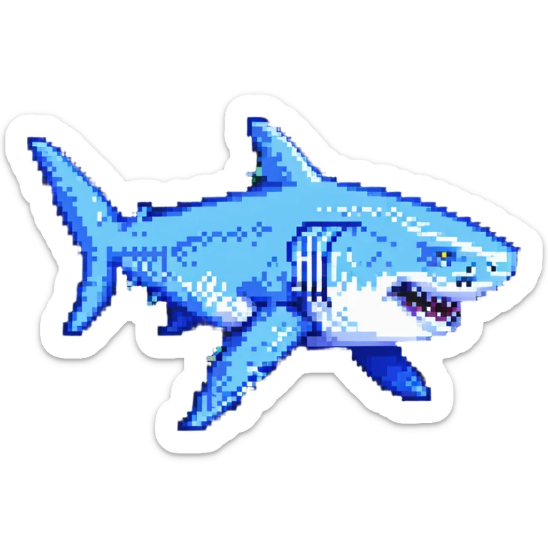 Tralalero Tralala, an Italian Brainrot character: a great white shark with three legs, wearing blue Nike shoes, pixel art style sticker