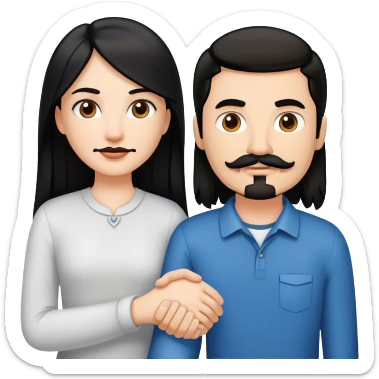a white girl with long black hair, holding hands with a white guy with short brown hair goatee mustache sticker