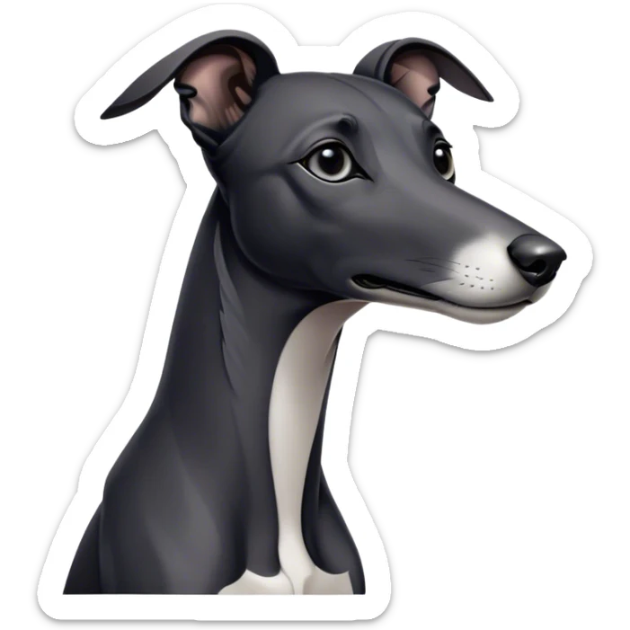 Cinematic Noble Black Greyhound Portrait Emoji, Poised and regal, with a lean, graceful build and a sleek, jet-black Fur, deep-set soulful dark eyes, Simplified yet sharp and sophisticated features, highly detailed, glowing with a soft, dignified glow, high shine, intelligent and swift, stylized with an air of elegance, focused and attentive, soft glowing outline, capturing the essence of a watchful and commanding racer, so majestic it feels as though it could sprint out of the screen with effortless authority! sticker